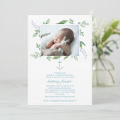 Greenery Baptism Invite Boy Foto Kaart (Staand voorkant)