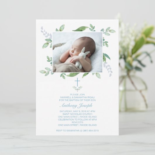 Greenery Baptism Invite Boy Foto Kaart (Staand voorkant)