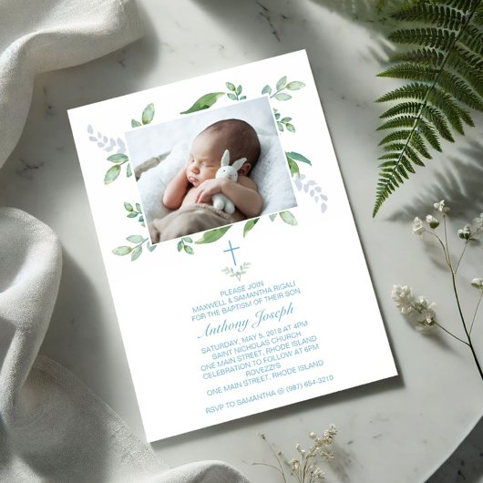 Greenery Baptism Invite Boy Foto Kaart