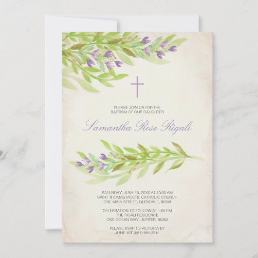 Greenery Baptism Invite Lavender Flowers Kaart (Voorkant)