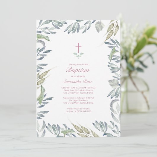 Greenery Baptism Invite, meisje Kaart (Staand voorkant)