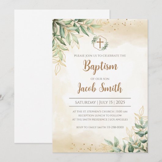 Greenery Baptism uitnodigingen voor Boy Christenin (Voorkant / Achterkant)