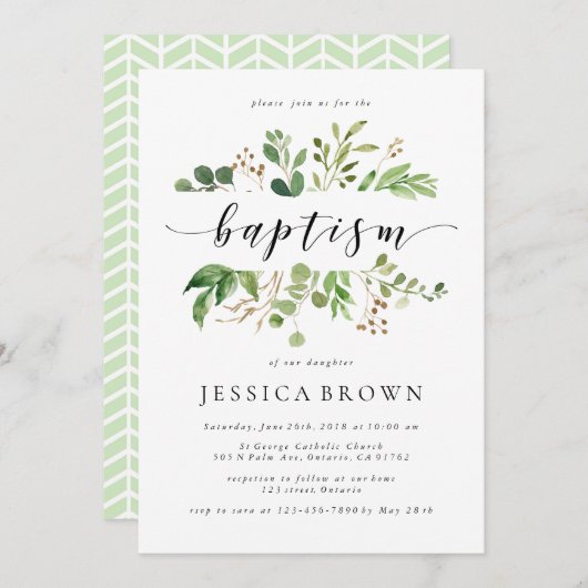 Greenery Baptism waterverf Baptisme Kaart (Voorkant / Achterkant)