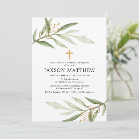 Greenery baptisme uitnodiging groene gouden waterv (Staand voorkant)