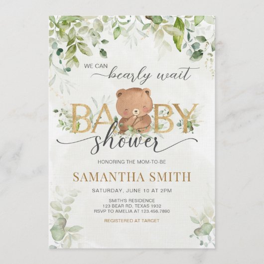 Greenery Bear Baby Shower Kaart (Voorkant)