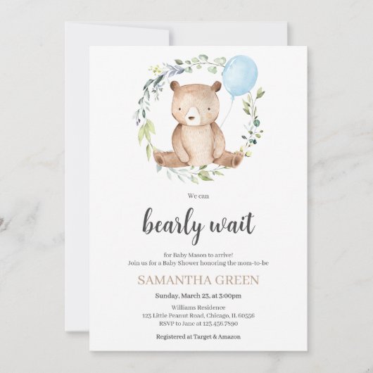 Greenery Bear Baby Shower Kaart (Voorkant)