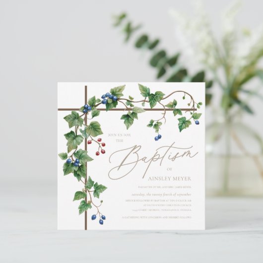 Greenery Bedekte Kruis Gouden Script Doop Kaart (Staand voorkant)