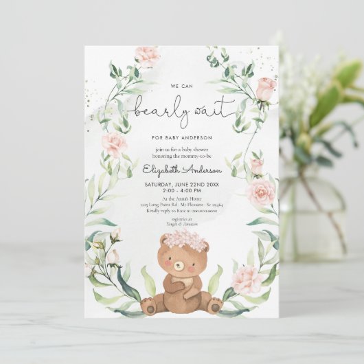 Greenery Beer Blush Pink Floral Girl Baby shower Kaart (Staand voorkant)