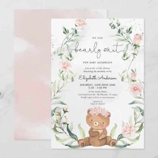 Greenery Beer Blush Pink Floral Girl Baby shower Kaart (Voorkant / Achterkant)