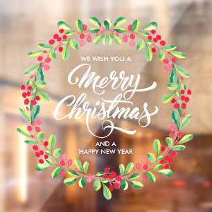 Greenery Berries Wreath Merry Kerstmis  Raamsticker