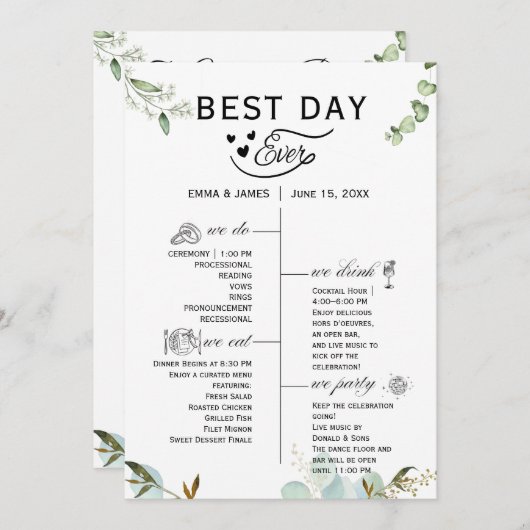 Greenery Best Day Ever Program Invitation Programmakaart (Voorkant / Achterkant)