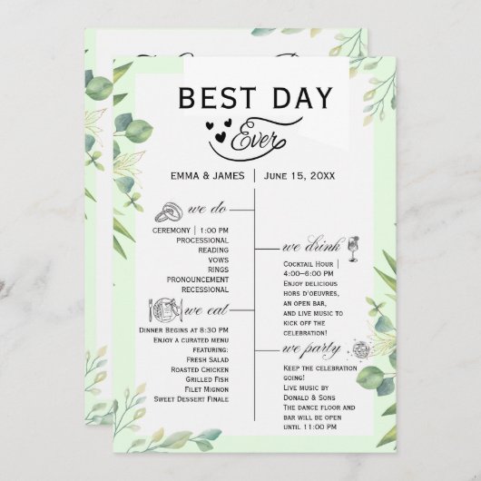 Greenery Best Day Ever Program Invitation Programmakaart (Voorkant / Achterkant)