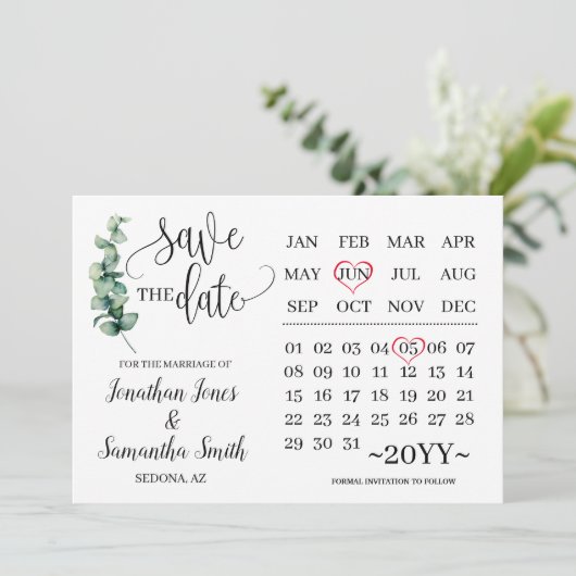 Greenery bewaar de datum kalender minimalistische kaart (Staand voorkant)