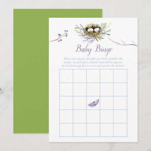 Greenery Birds Nest Twins Baby shower Bingo Kaart (Voorkant / Achterkant)