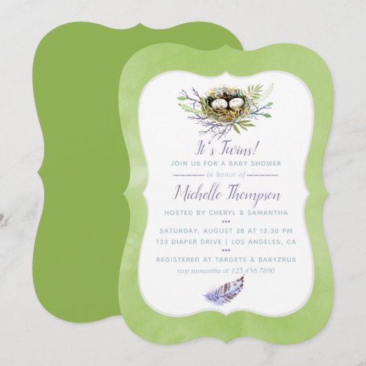 Greenery Birds Nest Twins Baby shower Invite Kaart (Voorkant / Achterkant)