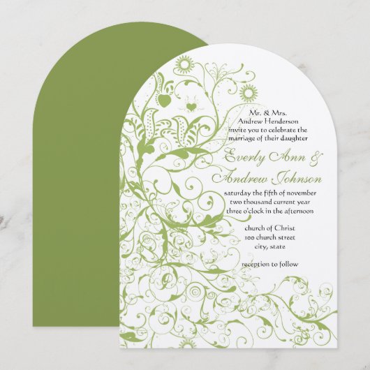 Greenery Birds & Swirls #17 Wedding Invitations Kaart (Voorkant / Achterkant)