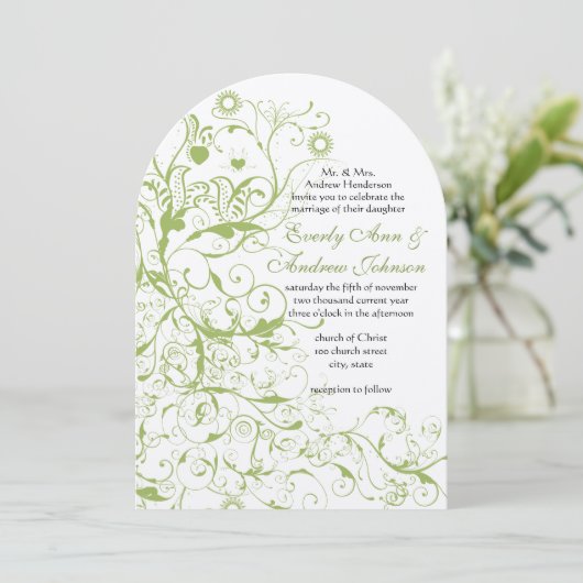 Greenery Birds & Swirls #17 Wedding Invitations Kaart (Staand voorkant)