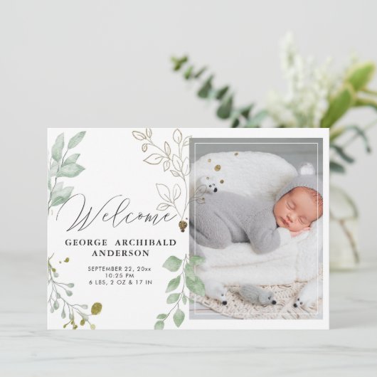 Greenery Birth Announounement Fotokaart Aankondiging (Staand voorkant)