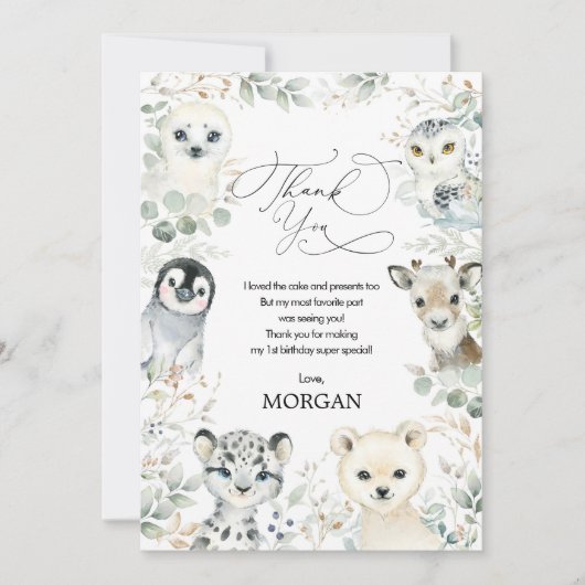 Greenery Birthday Cute Winter Arctic Animals Bedankkaart (Voorkant)