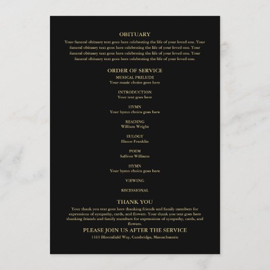 Greenery Black And Gold Funeral Order Of Service  Programmakaart (Achterkant)
