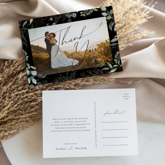 Greenery Black and Gold Photo Weddenschap Hartelij Briefkaart