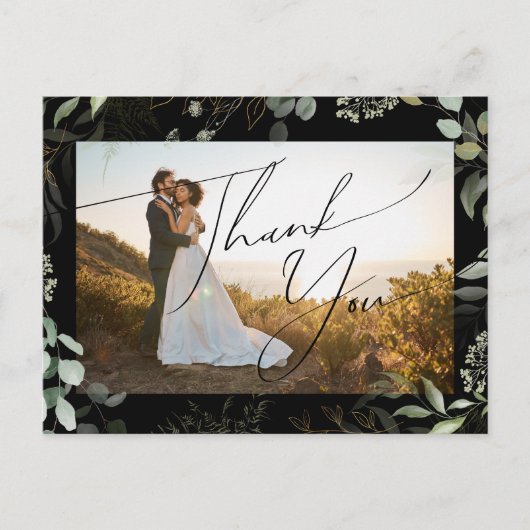 Greenery Black and Gold Photo Weddenschap Hartelij Briefkaart (Voorkant)