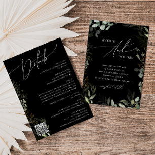 Greenery Black and Gold QR Code All in One Wedding Kaart