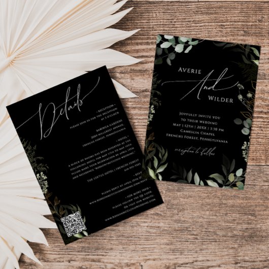 Greenery Black and Gold QR Code All in One Wedding Kaart