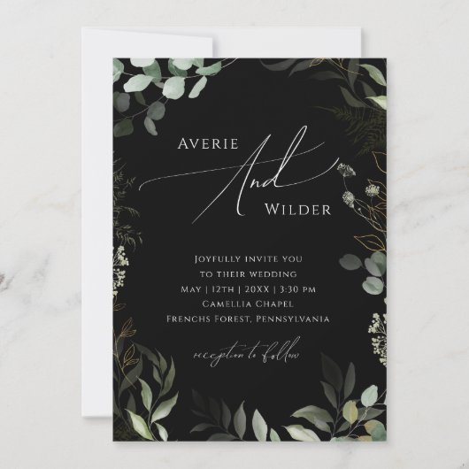 Greenery Black and Gold QR Code All in One Wedding Kaart (Voorkant)