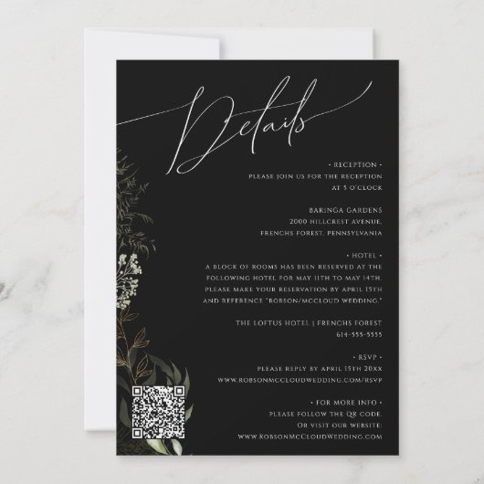 Greenery Black and Gold QR Code All in One Wedding Kaart (Achterkant)