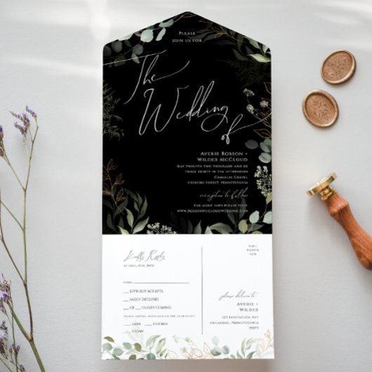 Greenery Black and Gold Wedding of Seal and Send All In One Uitnodiging