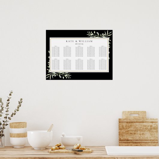 Greenery Black and Gold Wedding Seating Chart Poster (Keuken)