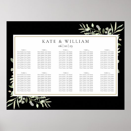 Greenery Black and Gold Wedding Seating Chart Poster (Voorkant)
