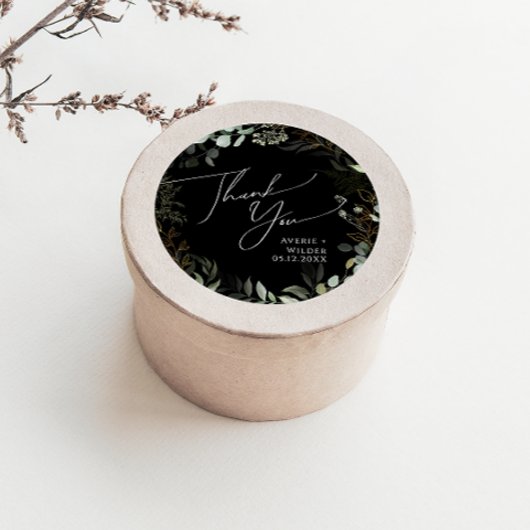 Greenery Black en Gold Bedankt voor je huwelijk. Ronde Sticker