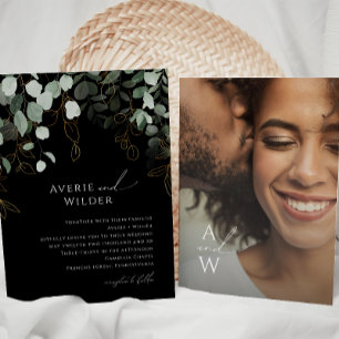 Greenery Black en Gold Monogram Foto Weddenschap Kaart