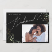 Greenery Black en Gold Photo Bridesmaid Kaart (Voorkant)
