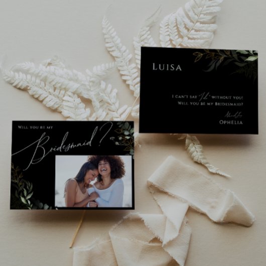Greenery Black en Gold Photo Bridesmaid Kaart