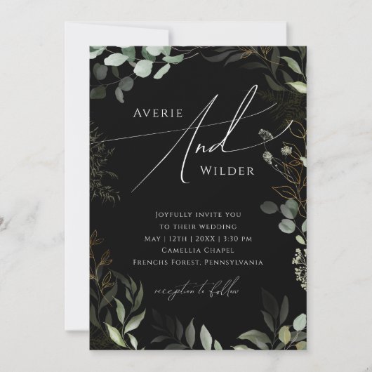 Greenery Black en Gold Wreated Casual Wedding Kaart (Voorkant)