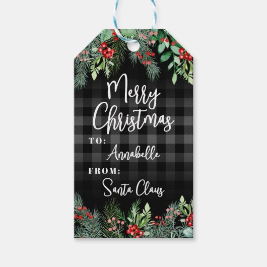 Greenery Black Merry Christmas Cadeaulabel (Voorkant)