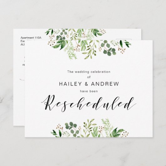 Greenery Black Modern Wedding party hercheduled Briefkaart (Voorkant / Achterkant)