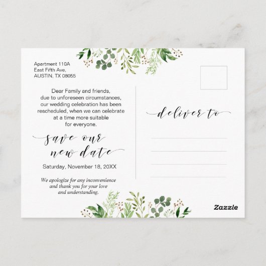 Greenery Black Modern Wedding party hercheduled Briefkaart (Achterkant)