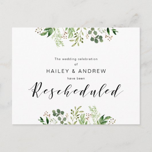 Greenery Black Modern Wedding party hercheduled Briefkaart (Voorkant)