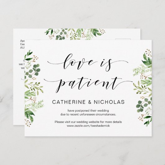 Greenery, Black, Modern Wedding Postponement Briefkaart (Voorkant / Achterkant)
