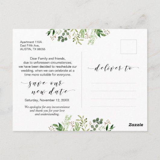 Greenery, Black, Modern Wedding Postponement Briefkaart (Achterkant)
