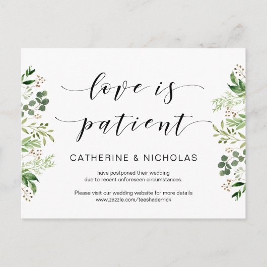 Greenery, Black, Modern Wedding Postponement Briefkaart (Voorkant)