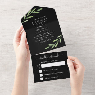 Greenery Black Simple Elegant Wedding All In One Uitnodiging
