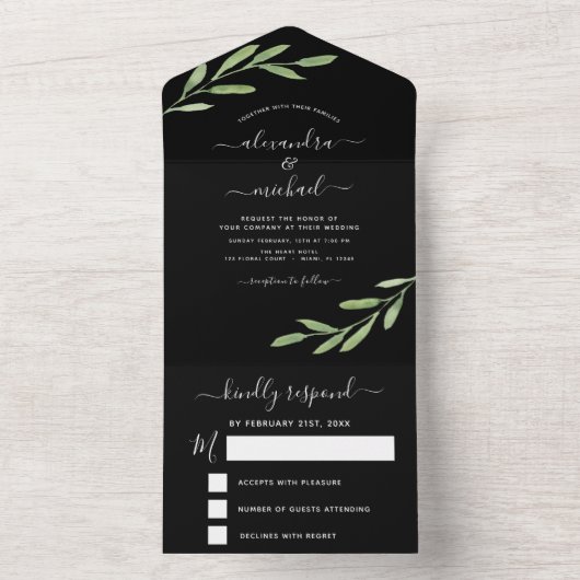 Greenery Black Simple Elegant Wedding RSVP All In One Uitnodiging (Binnen)