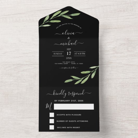 Greenery Black Simple Elegant Wedding RSVP All In One Uitnodiging (Binnen)