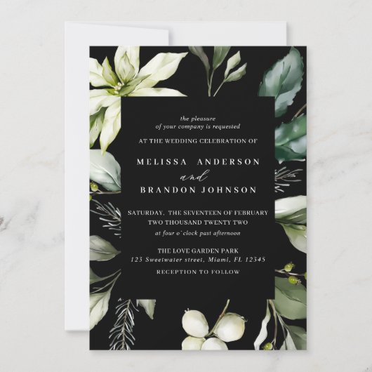 Greenery Black | Waterverf Botanische bruiloft  Kaart (Voorkant)