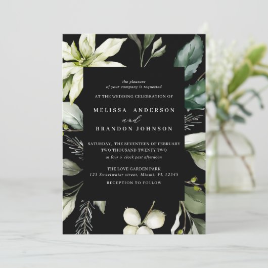 Greenery Black | Waterverf Botanische bruiloft  Kaart (Staand voorkant)